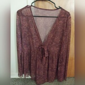 SHEIN Burgundy Floral Mesh Blouse With Tie Front
